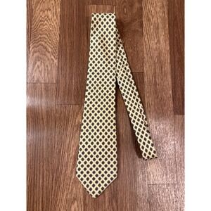 Daks London New York Mens Silk Tie Yellow Navy Blue Geometric Medallion Pattern